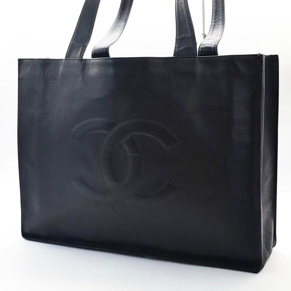 Authentic CHANEL Classic CC Caviar Logo Shoulder Tote Bag Black Leather Purse - Picture 3 of 13